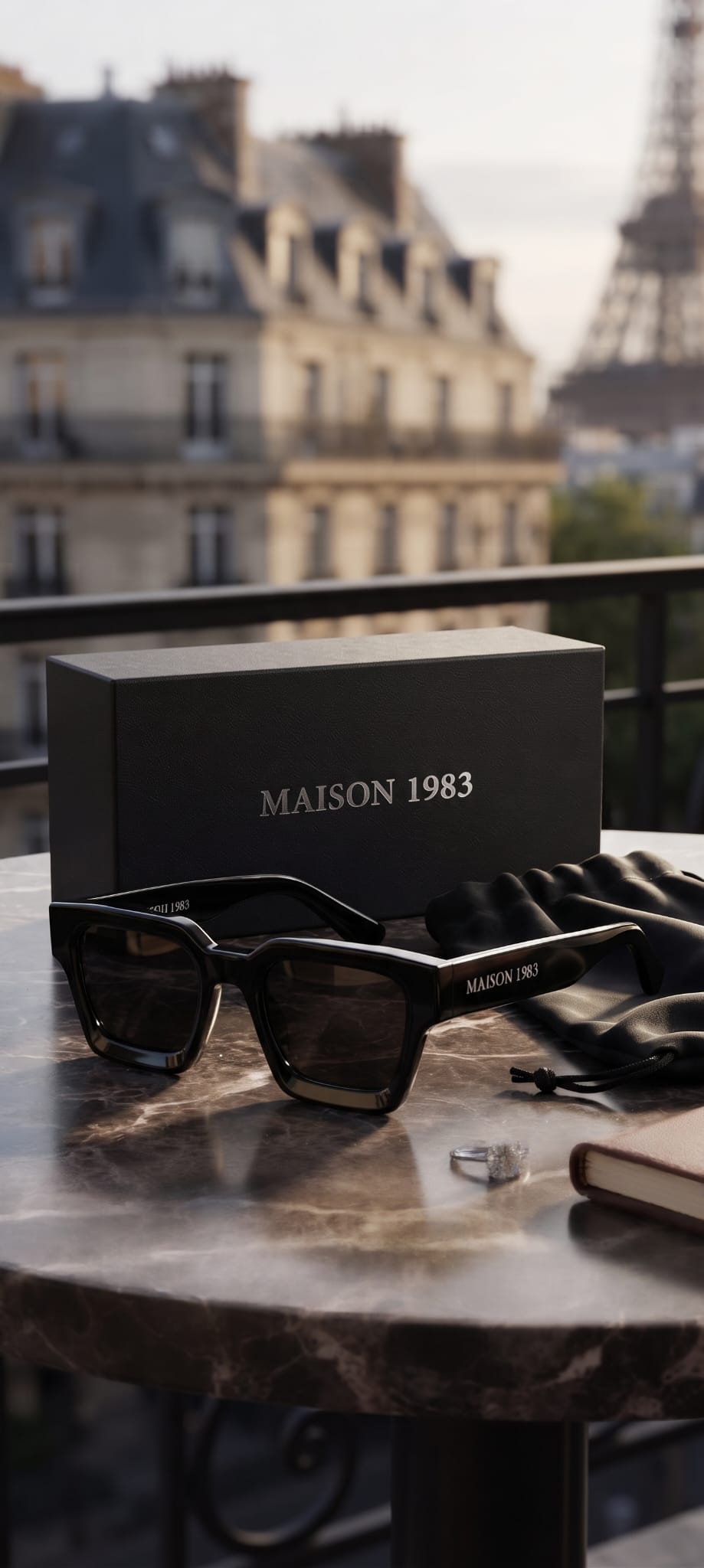 Lunettes Maison 1983 en acétate noir posées sur une table en marbre, avec étui et pochette, sur un balcon parisien facing la Tour Eiffel