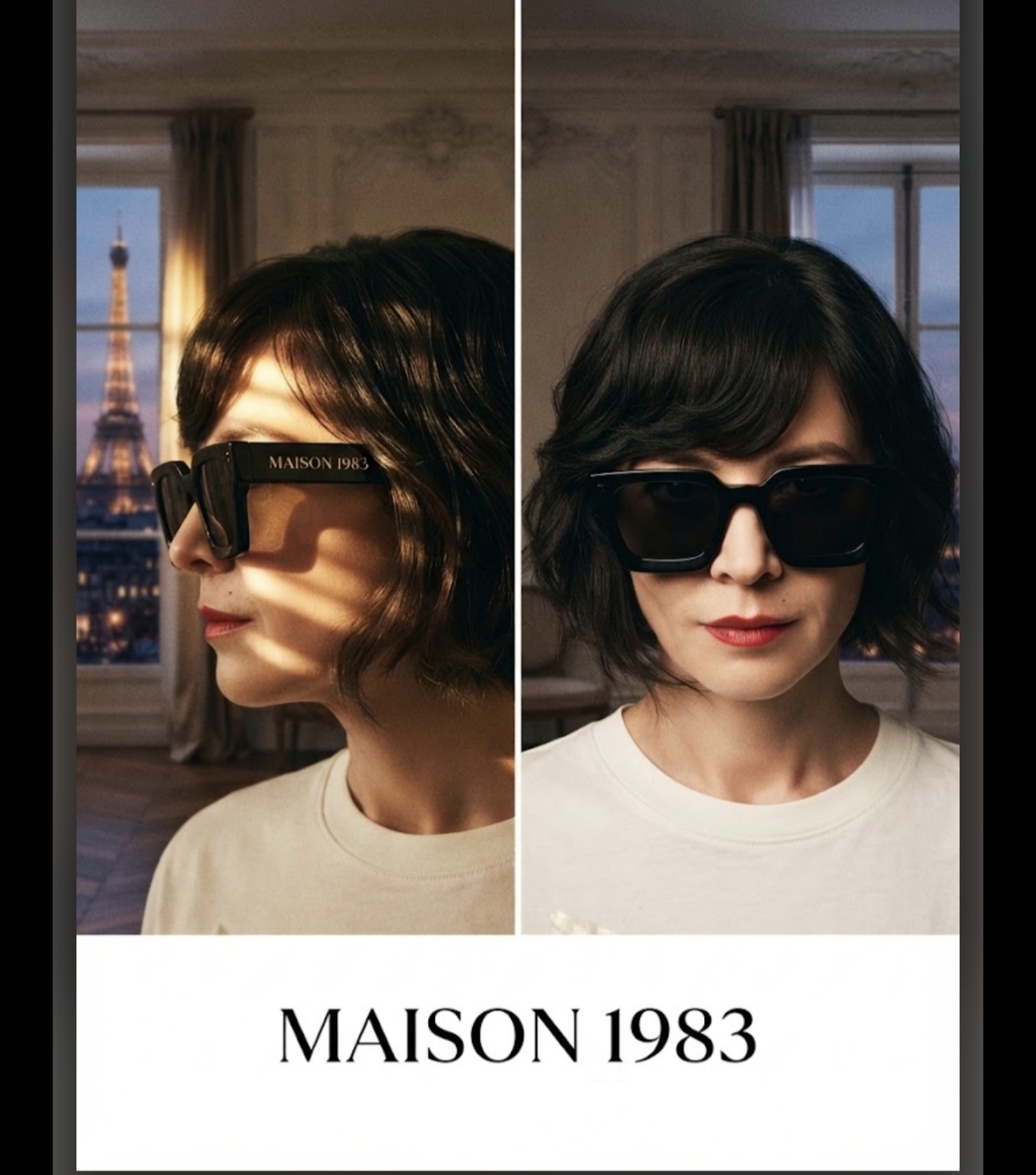 Portrait studio double : vue de profil et de face d'un modèle portant les lunettes Maison 1983, intérieur parisien classique